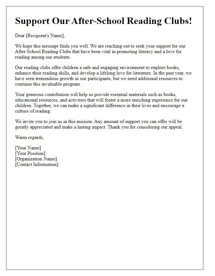 Letter template of support appeal for after-school reading clubs