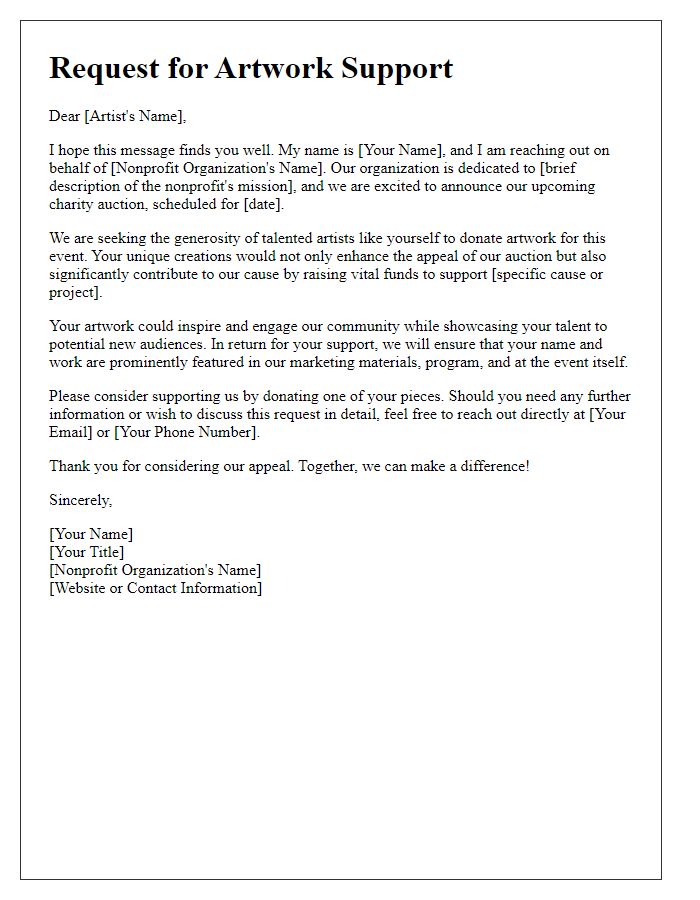 Letter template of appeal for artwork support for nonprofit auction.