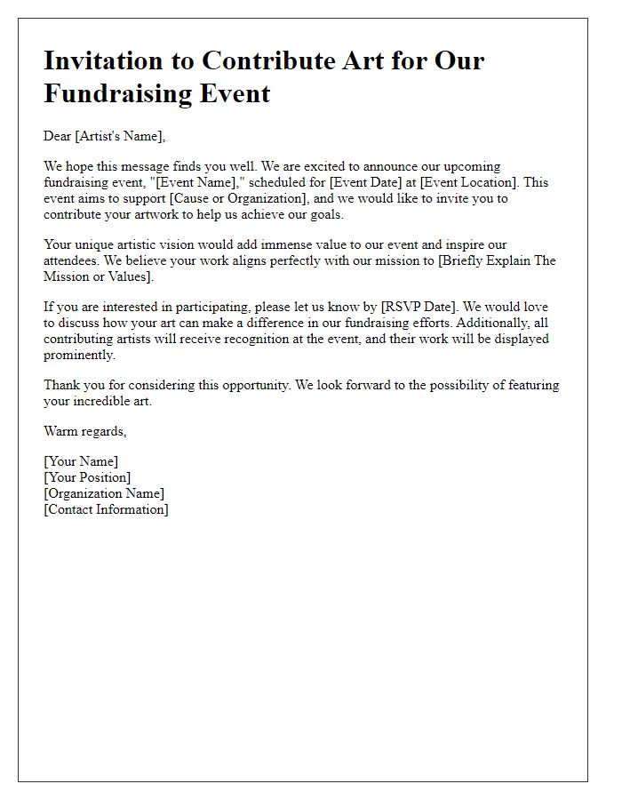 Letter template of invitation to contribute art for fundraising event.