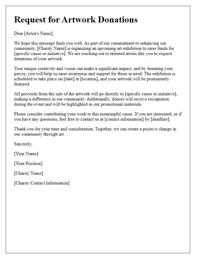 Letter template of outreach for artwork donations for community charity.