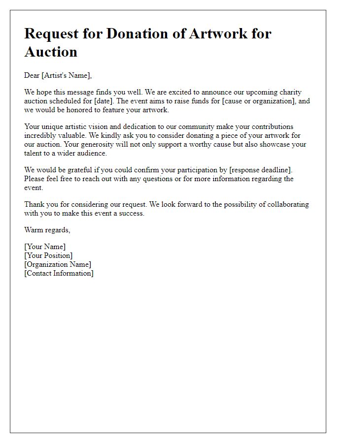 Letter template of request for local artists to donate to auction.