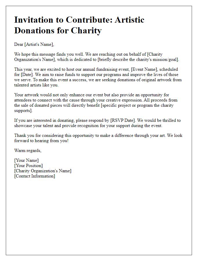 Letter template of solicitation for artistic donations to benefit charity.