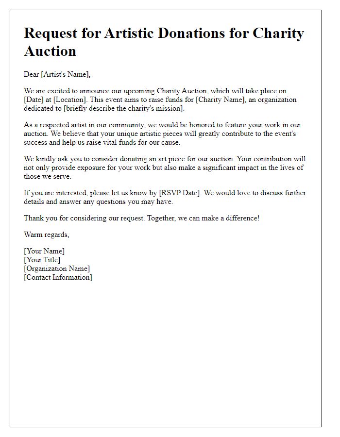 Letter template of solicitation for artistic pieces for charity auction.