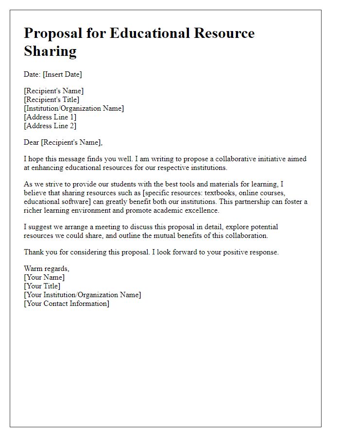 Letter template of an educational resource sharing proposal