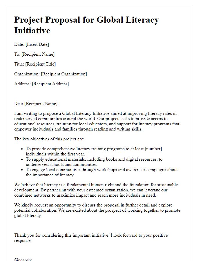 Letter template of a global literacy project proposal