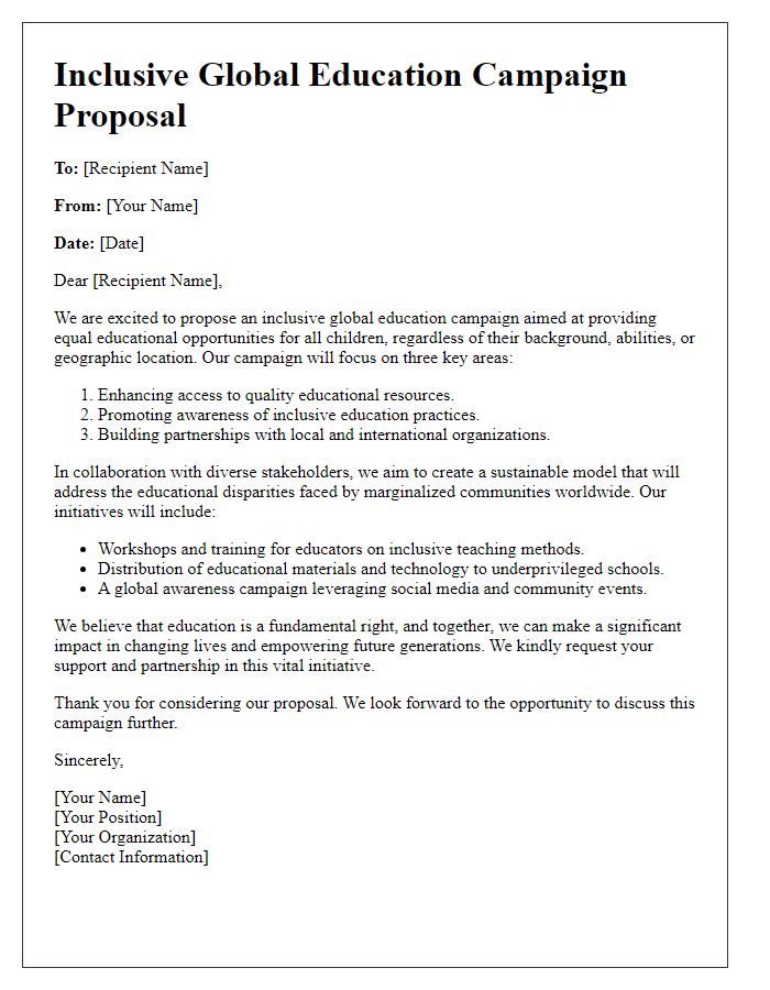 Letter template of an inclusive global education campaign proposal