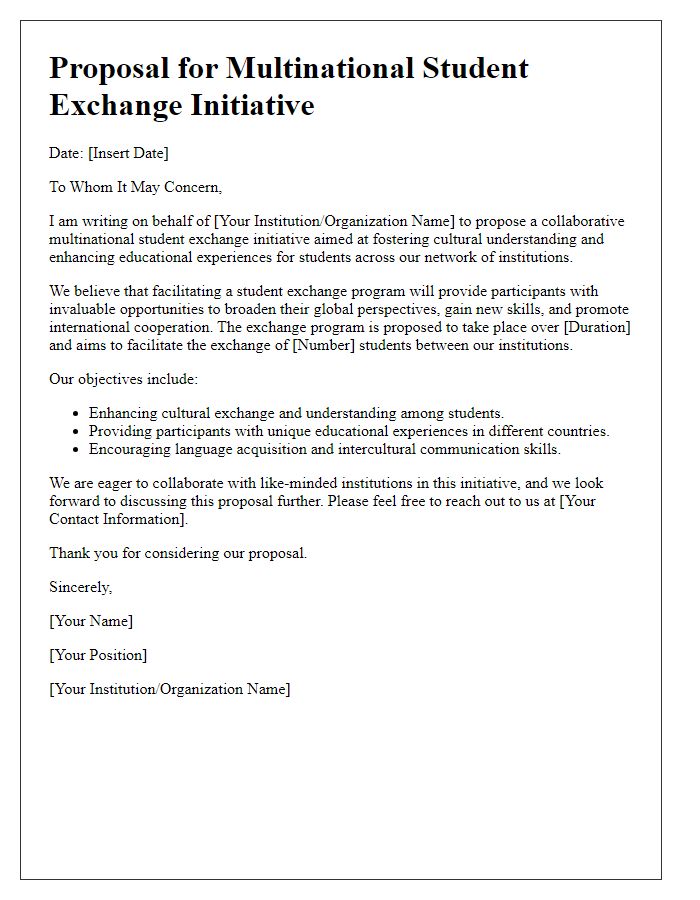 Letter template of a multinational student exchange initiative proposal