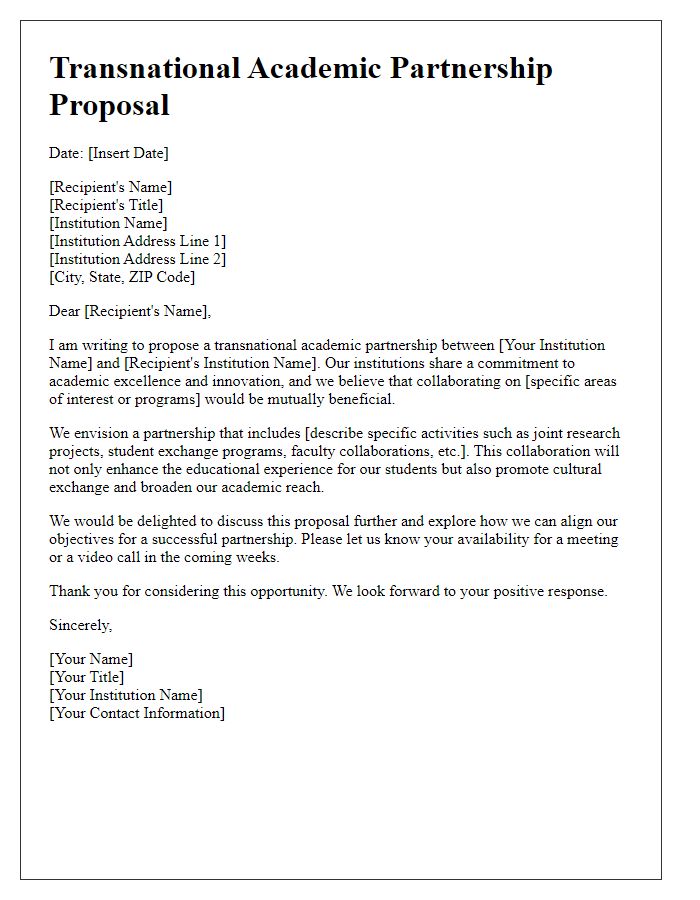 Letter template of a transnational academic partnership proposal