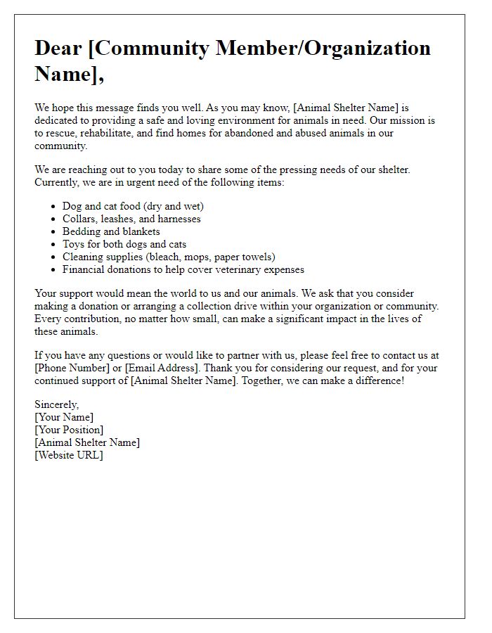 Letter template of community outreach for animal shelter needs