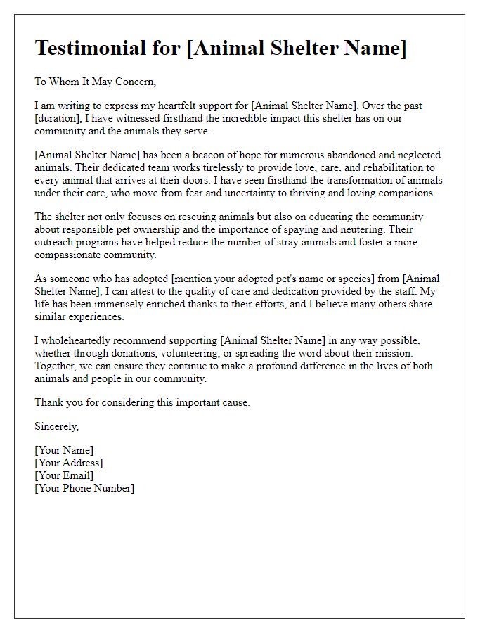 Letter template of testimonial support for animal shelter impact