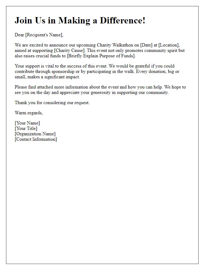 Letter template of community support solicitation for charity walkathon