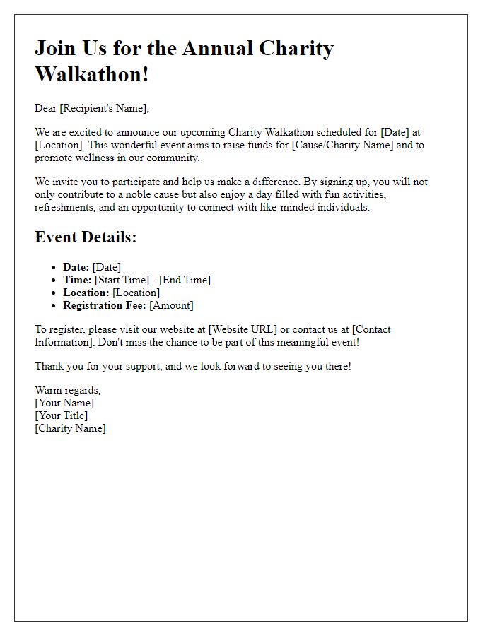 Letter template of event promotion for charity walkathon sign-ups