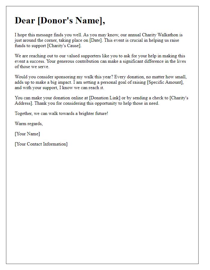 Letter template of individual donor outreach for charity walkathon