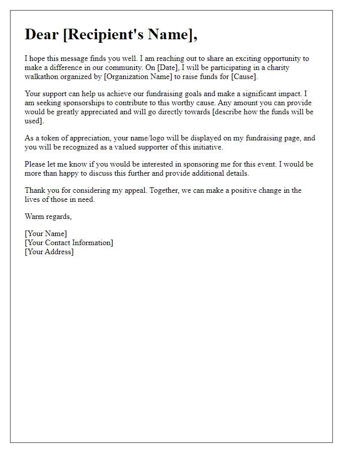 Letter template of sponsorship appeal for charity walkathon participation