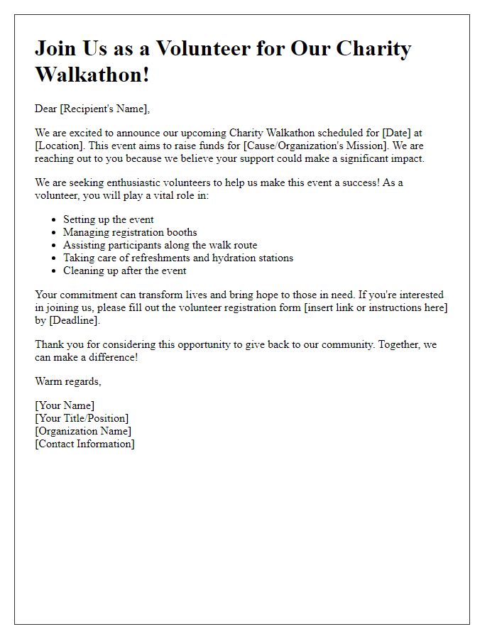 Letter template of volunteer recruitment for charity walkathon support