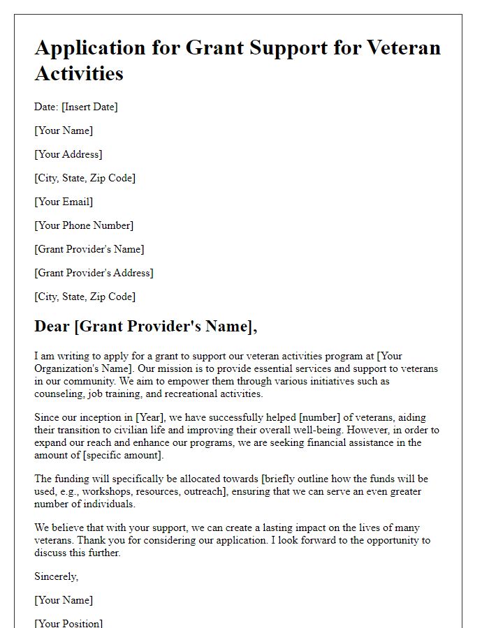 Letter template of application for grants for veteran support activities.