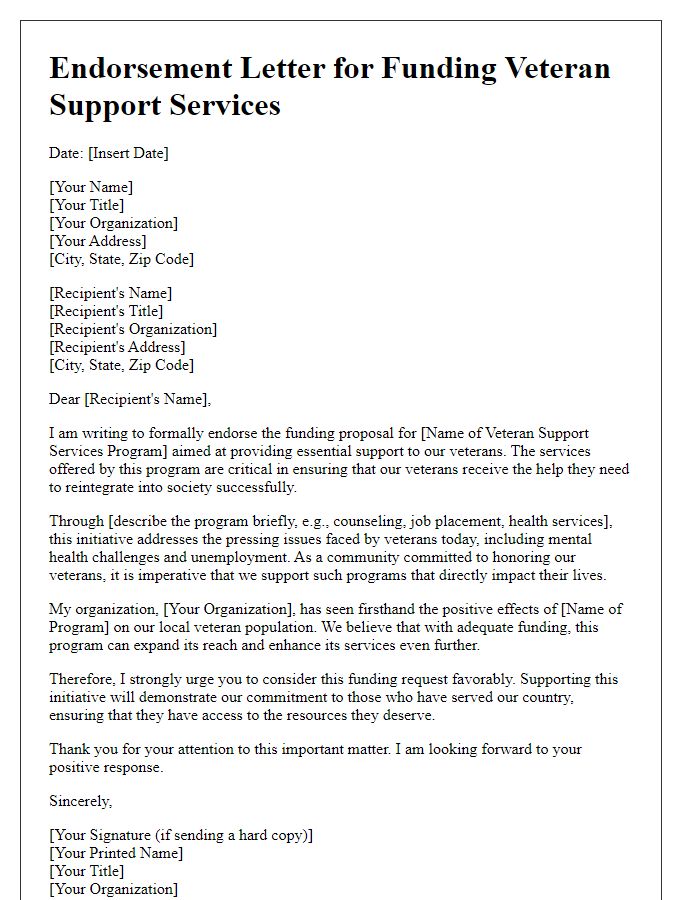 Letter template of endorsement for funding veteran support services.