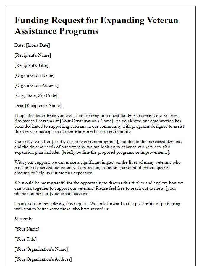 Letter template of funding request for expanding veteran assistance programs.