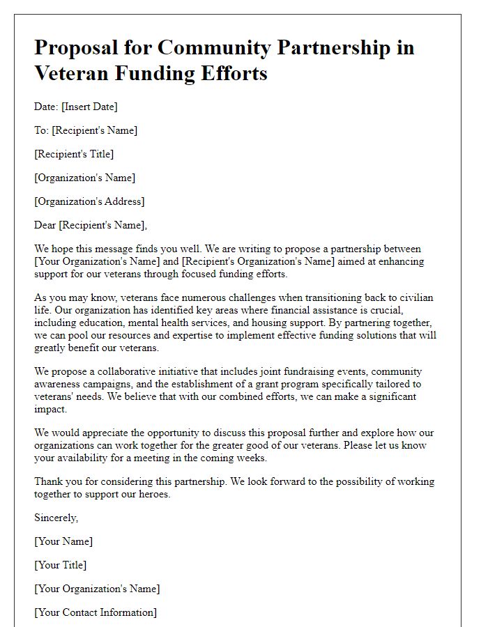 Letter template of proposal for community partnership in veteran funding efforts.