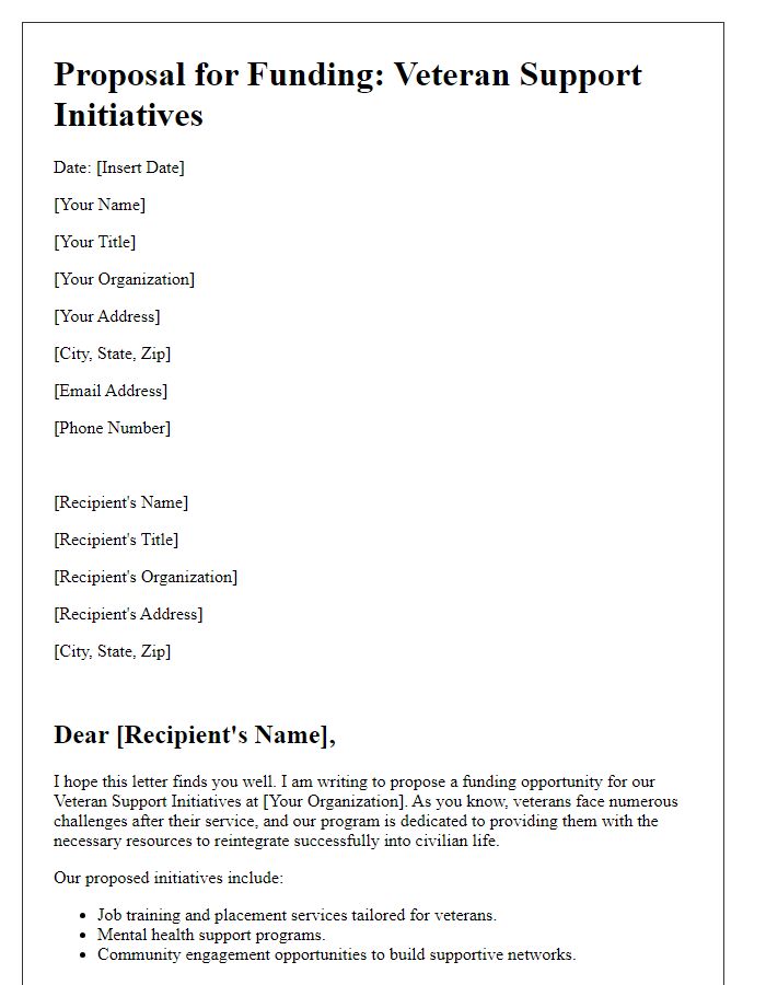 Letter template of proposal to secure funding for veteran support initiatives.