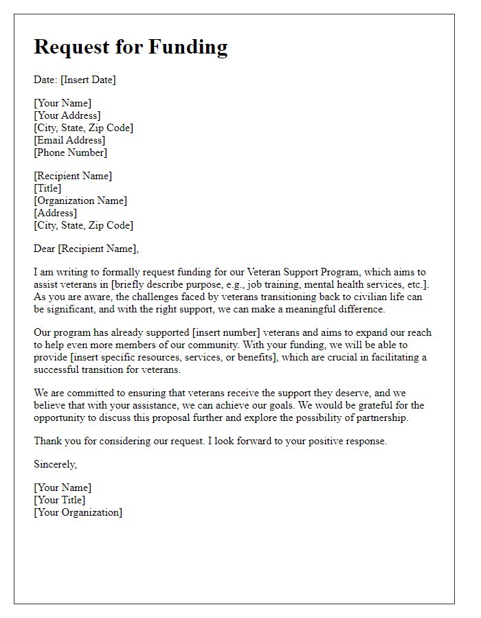 Letter template of request for veteran support program funding.