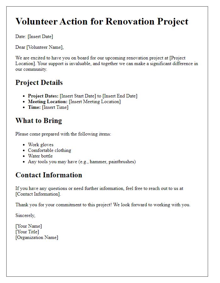 Letter template of volunteer action for renovation project