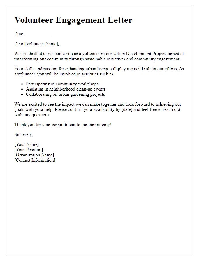 Letter template of volunteer engagement for urban development project