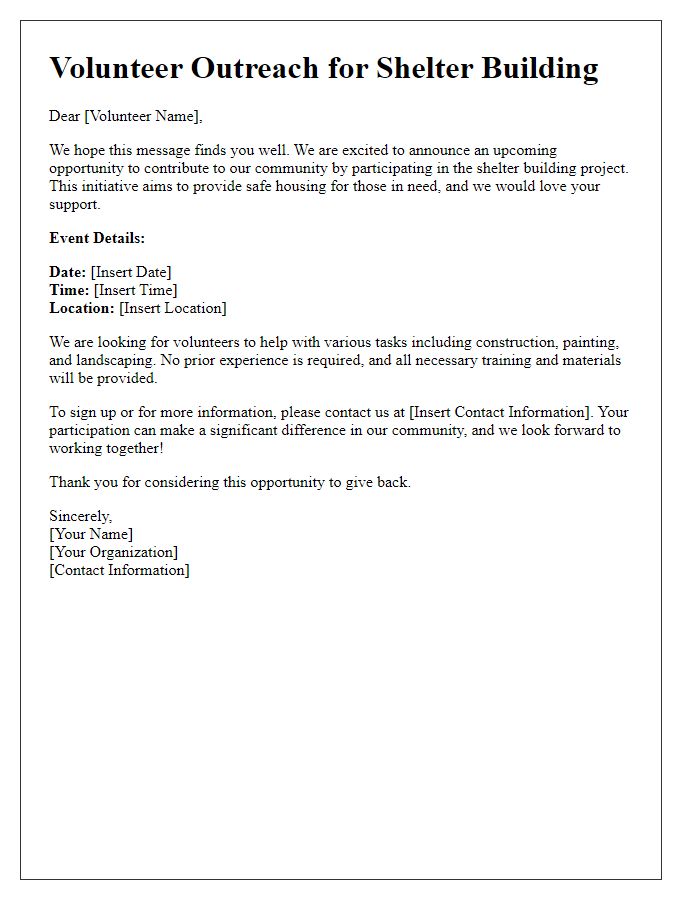 Letter template of volunteer outreach for shelter building