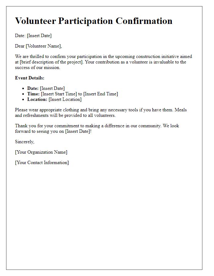 Letter template of volunteer participation for construction initiative