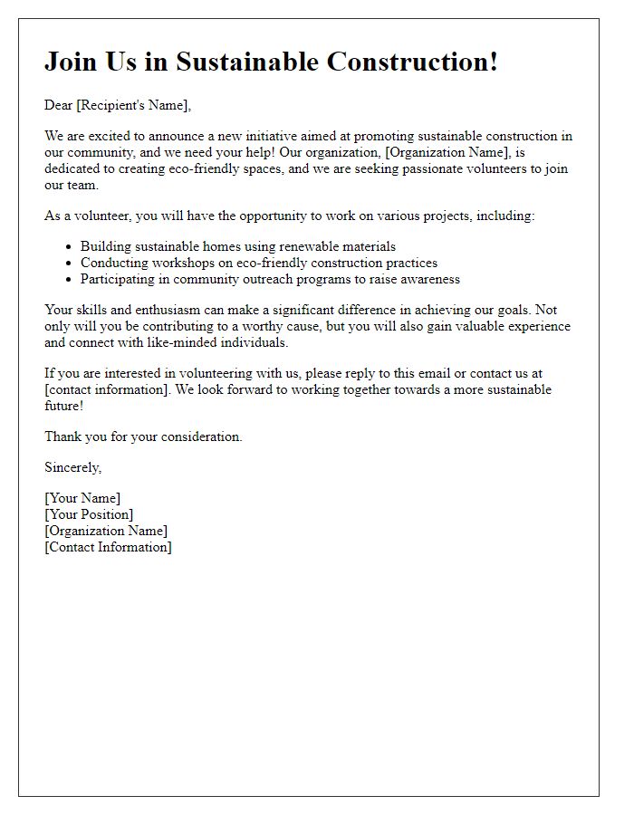 Letter template of volunteer recruitment for sustainable construction