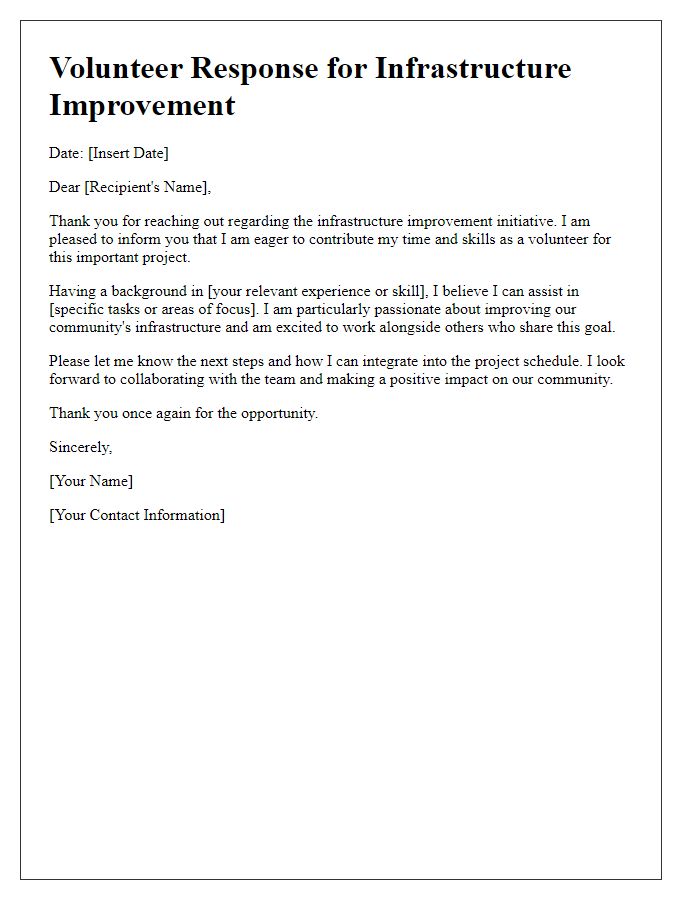 Letter template of volunteer response for infrastructure improvement