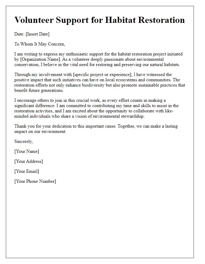 Letter template of volunteer support for habitat restoration