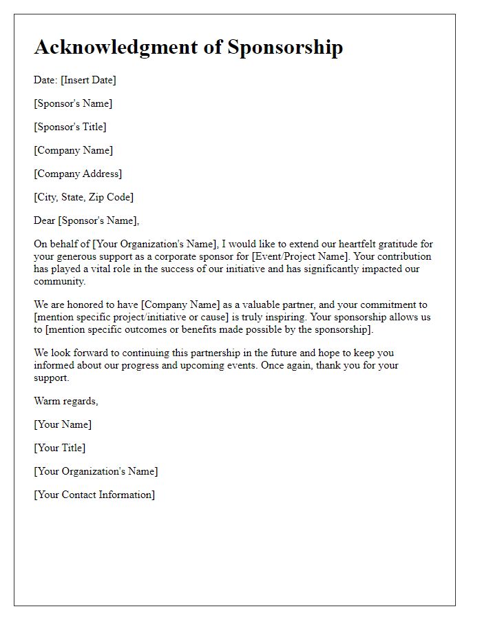 Letter template of acknowledgment for valuable corporate sponsors