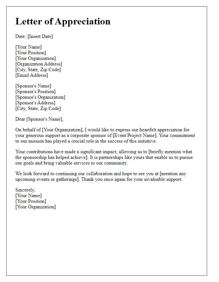 Letter template of appreciation for corporate sponsors' support