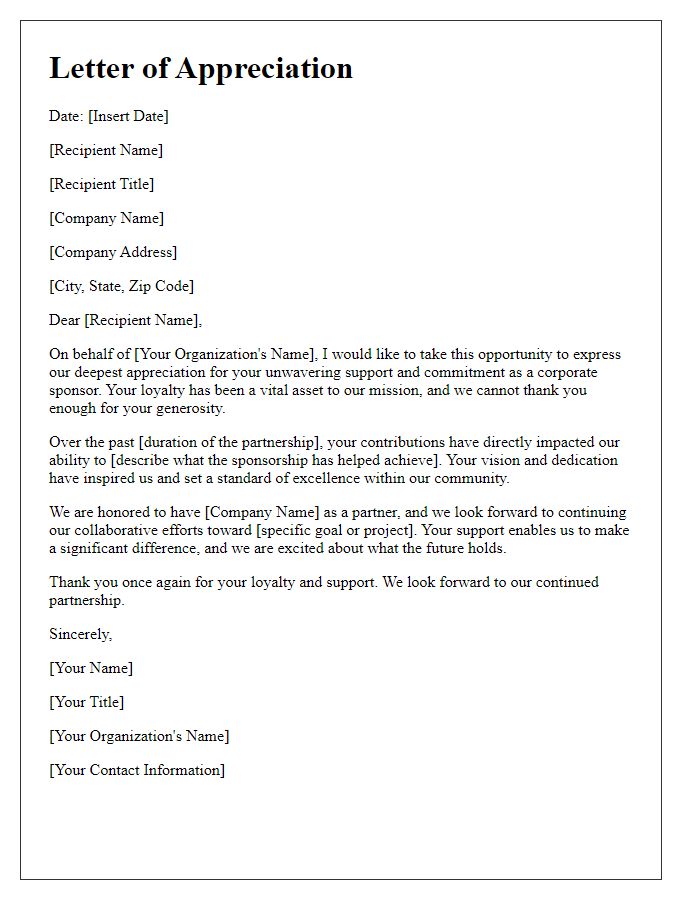 Letter template of appreciation for loyal corporate sponsorship