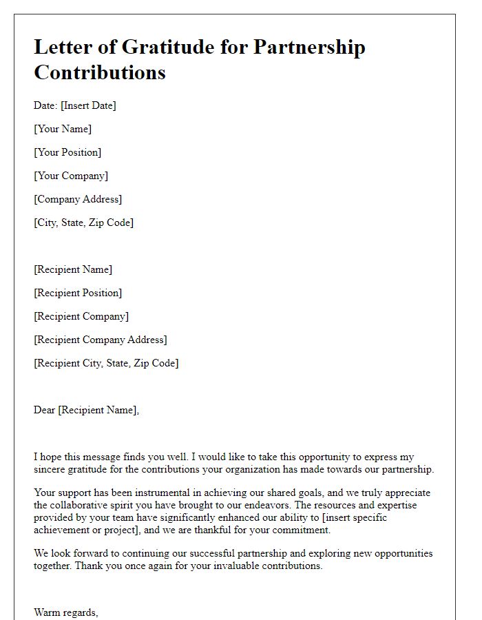 Letter template of gratitude for partnership contributions