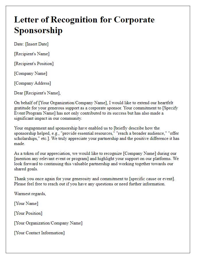 Letter template of recognition for corporate sponsorship engagement