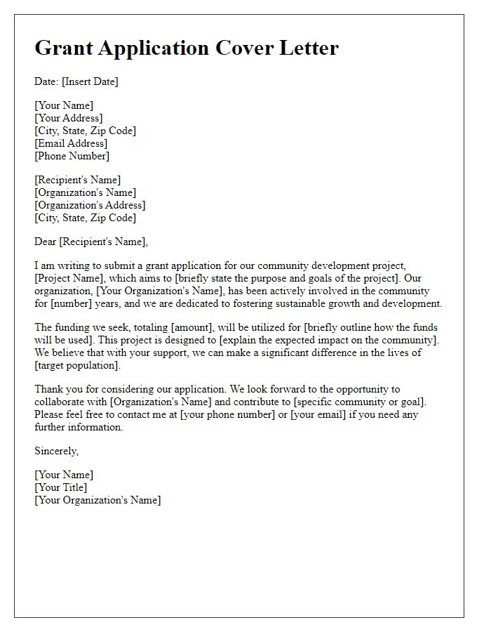 Letter template of grant application cover letter for community development projects.