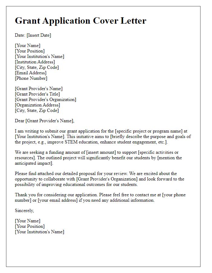 Letter template of grant application cover letter for educational institutions.