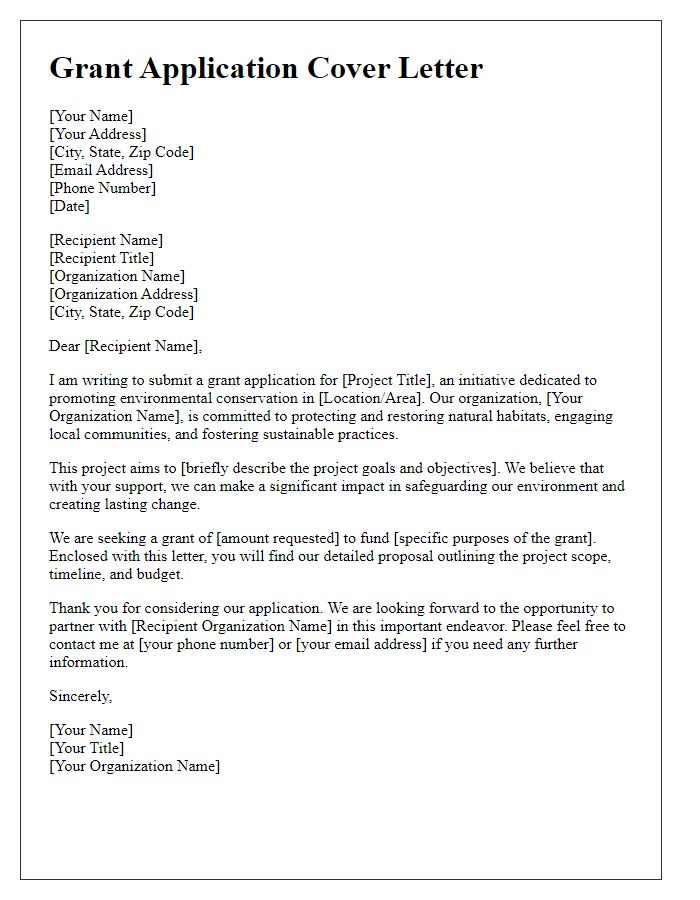 Letter template of grant application cover letter for environmental conservation.