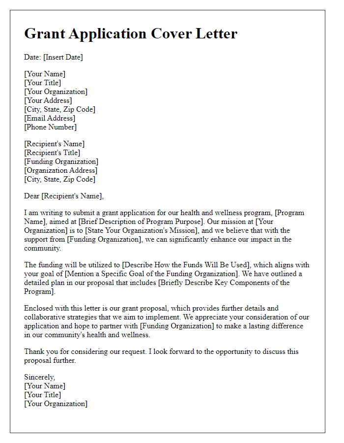 Letter template of grant application cover letter for health and wellness programs.