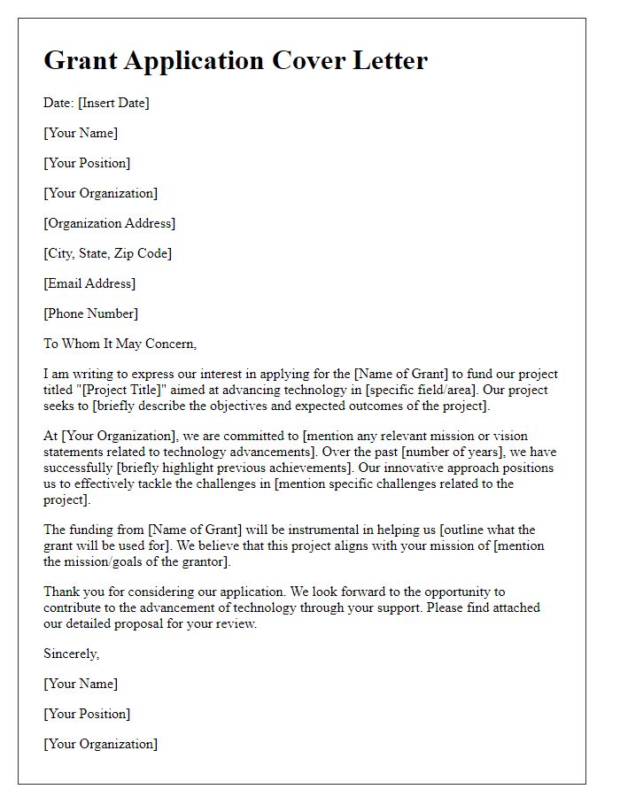 Letter template of grant application cover letter for technology advancements.