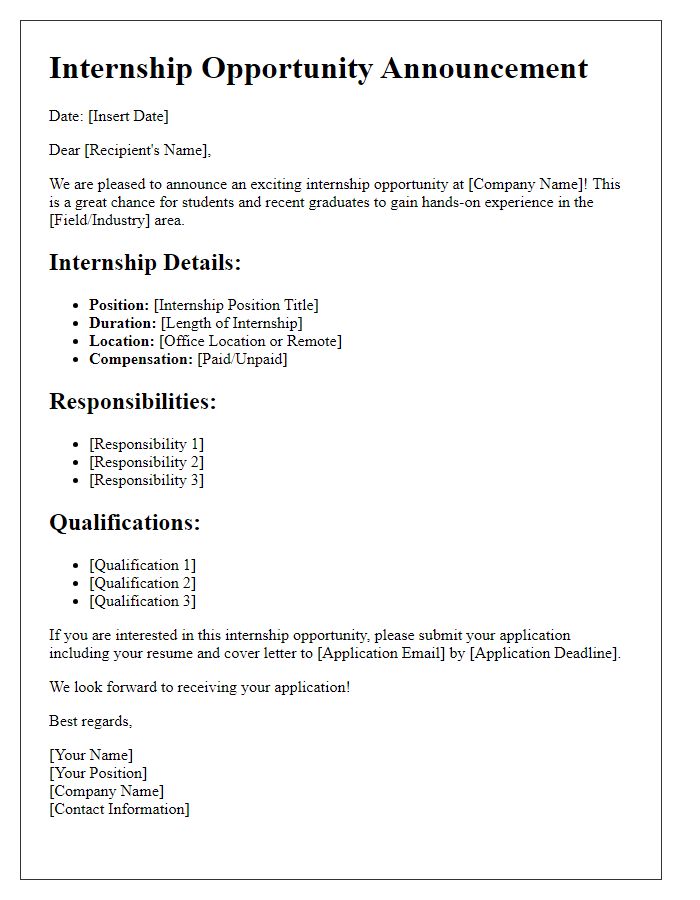 Letter template of Internship Opportunity Announcement