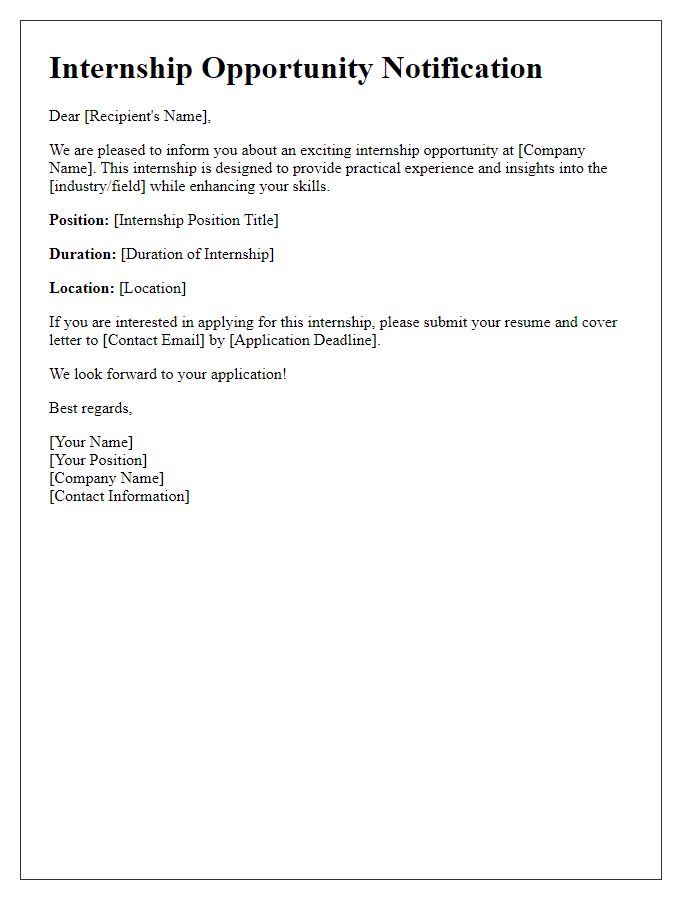 Letter template of Internship Opportunity Notification