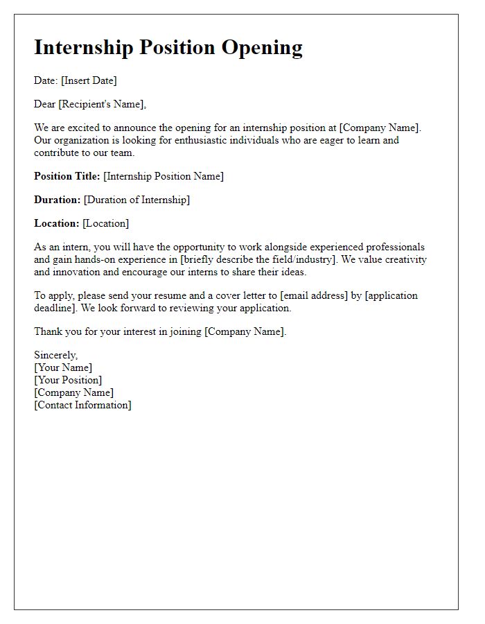 Letter template of Internship Position Opening