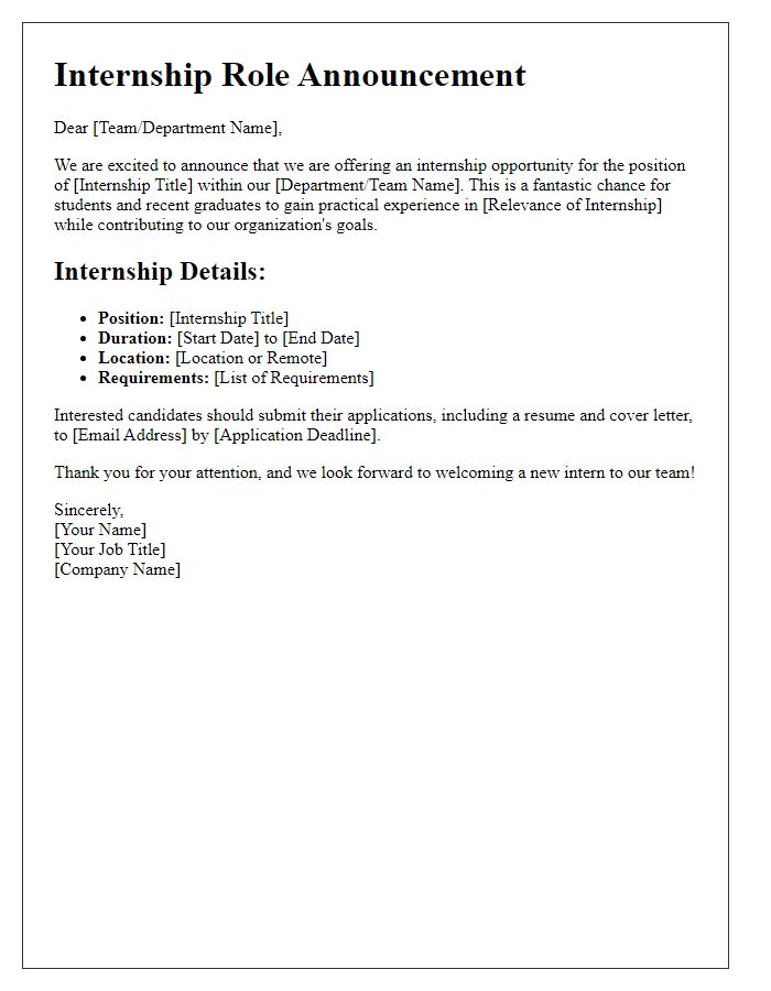 Letter template of Internship Role Announcement