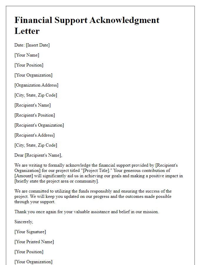 Letter template of financial support acknowledgment for project