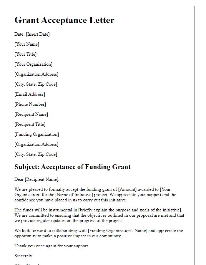 Letter template of funding grant acceptance for initiative