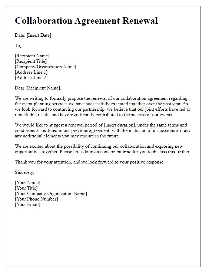 Letter template of collaboration agreement renewal for event planning