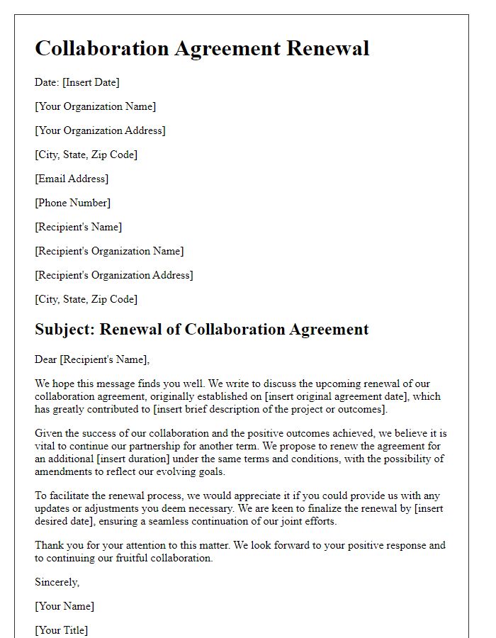 Letter template of collaboration agreement renewal for funding agreements